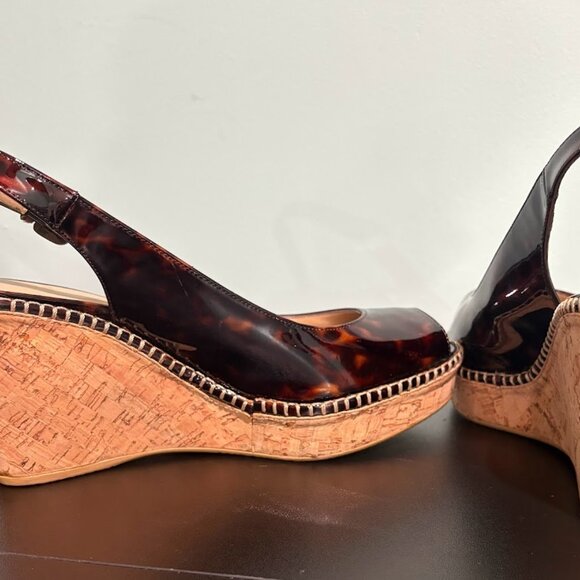 Stuart Weitzman Patent Leather Wedges Platform Peep Toe Tortoise Shell Size 9.5 - Picture 6 of 9